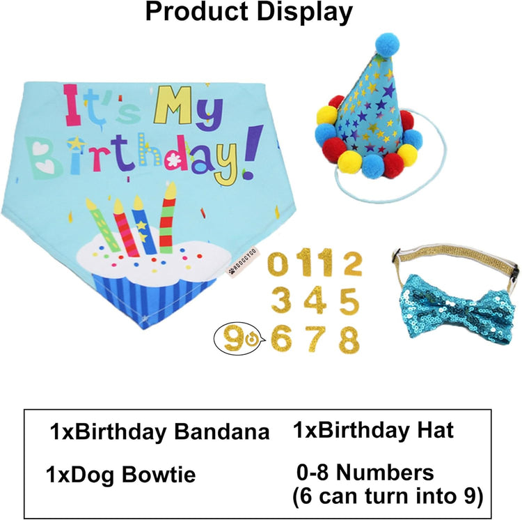 Dog Birthday Bandana Scarf and Blue Boy Pet Birthday Party Hat with Cute Bow Tie for Medium Large Dog Pet (Large)